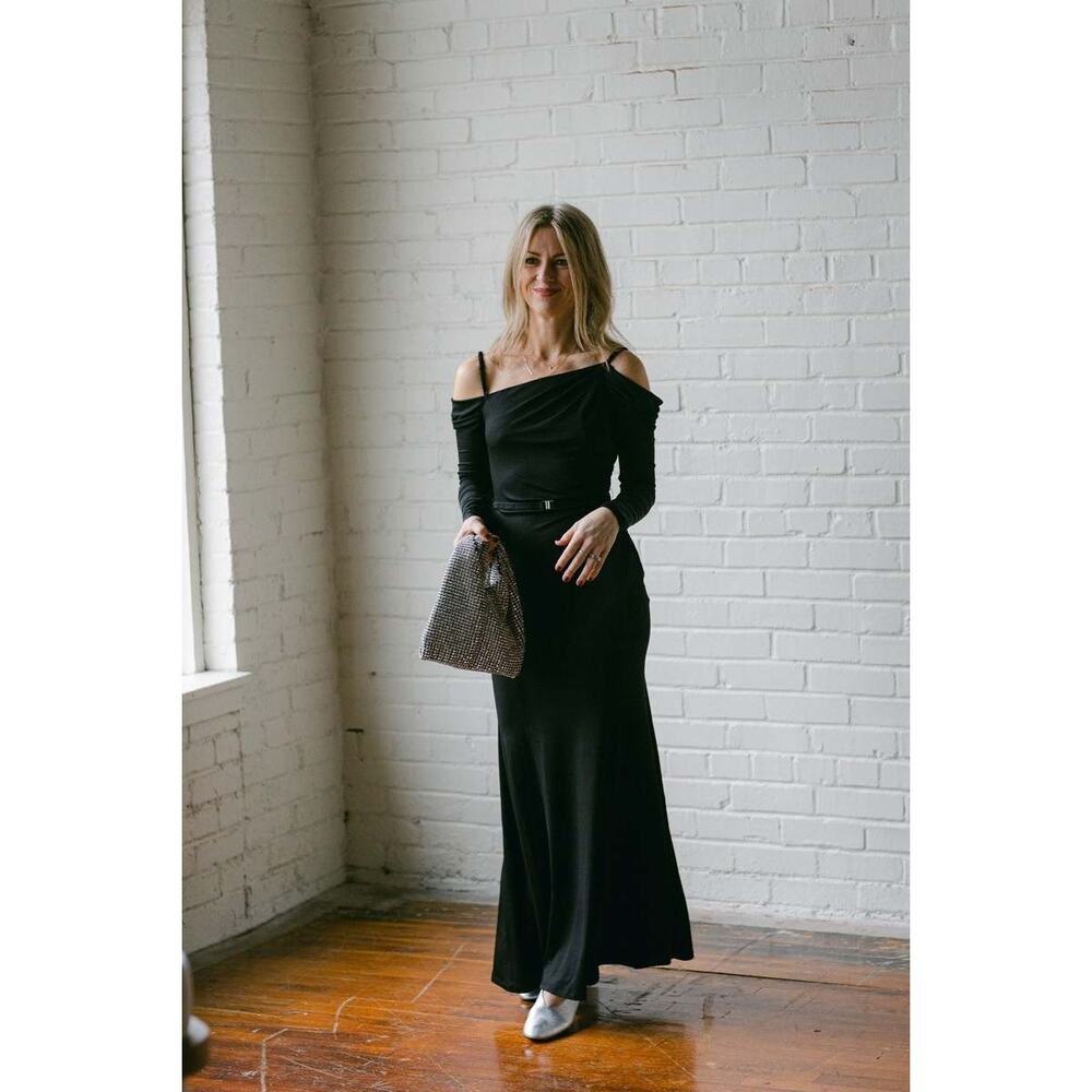 NWT Jonathan Simkhai Black One Shoulder Maxi Dress Steele Pebble sz S